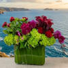 Arrangement of green hydrangeas, orchids, roses, and calla lilies in a glass vase