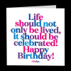 Birthday card with colorful text on a white background