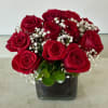 Red roses arranged in a square glass vase with white baby's breath
