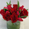 10 Red Tulips and 8 Large Red Roses arranged in green leafed