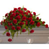 Red carnation casket spray with trailing greenery