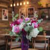 Beautiful lavender roses, deep purple stock , large white hydrangeas, sprinkled with