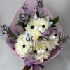 4 Chrysanthemums decorated as party cats with filler, greens and arranged into