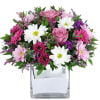 Delightful daisies and roses in a stunning cube vase, accented with delicate
