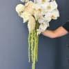 White orchid and rose bouquet with long green hanging accents