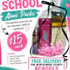 Back-to-school gift pack with an energy drink, candy, and car air freshener in a clear bag