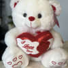 White teddy bear holding a red heart that says I Love You