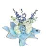 Bouquet of white and blue flowers wrapped in light blue paper