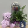 Potted green plant with a birthday balloon, teddy bear, and gift card