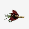 Dark red orchid boutonniere with gold-wrapped stem and greenery