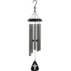 Black and silver metal wind chime with engraved tubes and a hanging cross motif sail.