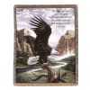 Woven throw blanket with a soaring bald eagle over a mountain landscape and scripture text