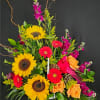 Colorful arrangement of sunflowers, orange roses, and hot pink gerbera daisies in a low white container.