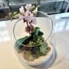 Orchid and succulents in a glass bowl terrarium
