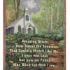 Tapestry of a small church in a flower garden with hymn text
