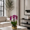 Potted purple orchids in a gold planter on a low table