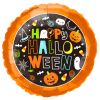 Orange Halloween balloon with "Happy Halloween" text and spooky icons