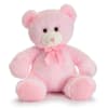 Pink teddy bear with a ribbon bow sitting on a white background