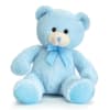 Light blue teddy bear with a ribbon bow on a white background