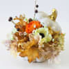 Orange and cream floral arrangement in a white pumpkin container