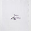 White quilted blanket with a purple "Loving Mother" floral design