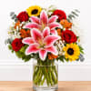 Two bold pink lilies take center stage in this radiant sunshine flower