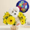 White flower dog arrangement with yellow daisies and a "Get Well Soon" balloon