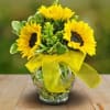 Sunflower bouquet in a glass vase with a yellow ribbon