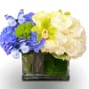 Blue and white floral arrangement in a square glass vase with butterfly accents