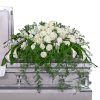 Our Eternal Peace Casket Spray features white calla lilies, stock, hydrangea, and