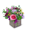 Mixed pink, lavender, and yellow flowers in a wooden box