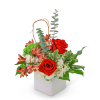Red roses and white flowers in a white box with greenery