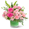 Pink roses and carnations in a green striped vase