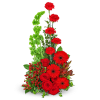 Red roses, carnations, and gerbera daisies in a tall arrangement