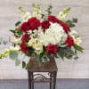 (ONE-SIDED) Red and white roses, hydrangea, carnations and alstroemeria with lush greenery
