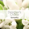 White tulips with a "Designer’s Choice Sympathy" label