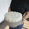 Round box filled with white roses