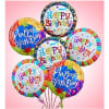 Cluster of colorful birthday balloons on a pink background