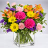 Colorful mixed bouquet in a clear square glass vase