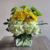 Yellow and pale green flowers arranged in a clear square vase