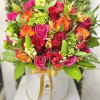 Bright pink and orange mixed bouquet in a white hatbox with gold ribbon