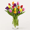 Colorful tulips arranged in a clear glass vase