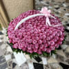 Large basket of pink roses with a ribbon bow