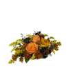 Orange roses and yellow flowers in a low autumn bouquet