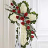 Standing floral cross with red roses and white flowers
