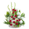 Tall red and white floral basket with red roses, white mums, and other white flowers in a wicker basket