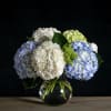 White, blue, and green hydrangea arrangement in a clear round glass vase
