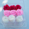 Nine roses arranged in a clear acrylic box