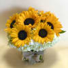 Sunflower bouquet in a square glass vase with a ribbon