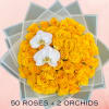 Bouquet of yellow roses with two white orchids